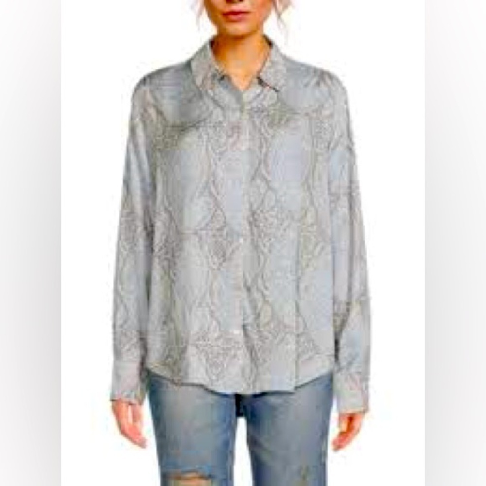 Splendid Mackenzie Paisley-Print Button Tie Front Shirt Women's M White Sand L/S